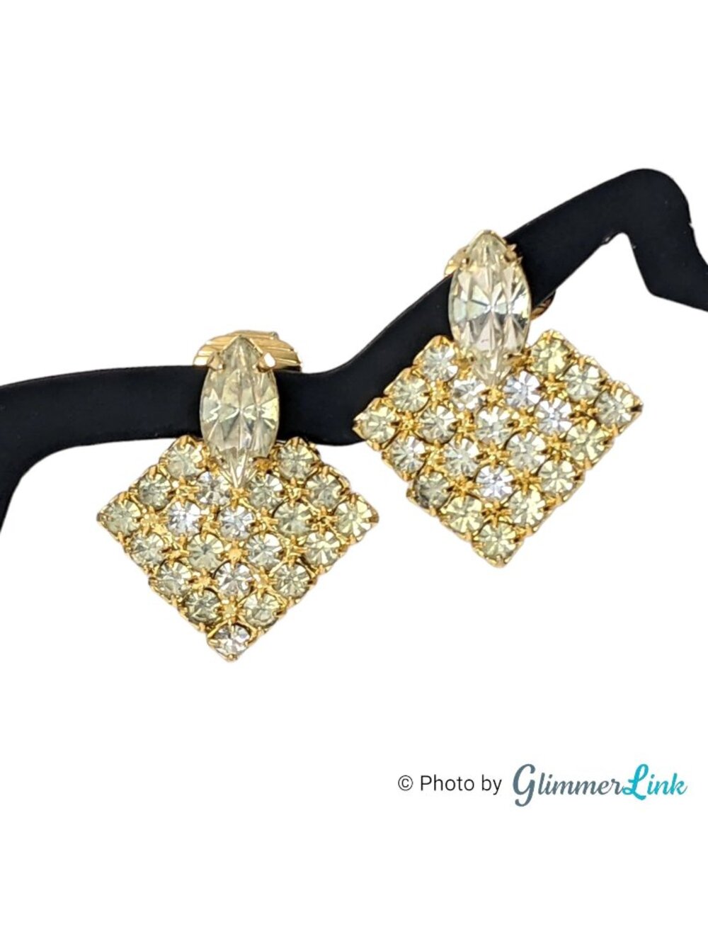 Vintage Geometric Rhinestone Gold Tone Clip On Earrings 7/8 Inch